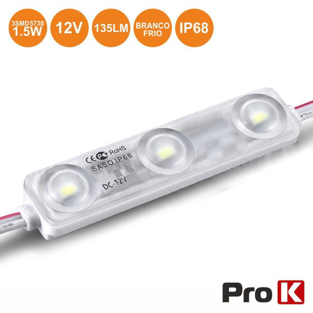 Módulo C/ 3 Leds 5730 1,5W 6000K 135Lm 12V Ip68 Prok - Tauu,pt
