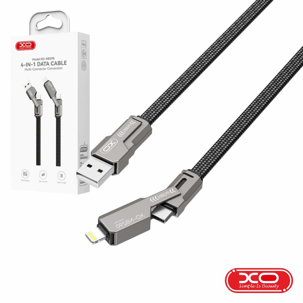 Cabo Usb-A Macho 4 Em 1 P/ Usb-C E Lightning Pd 60W 1M Xo - Tauu.pt