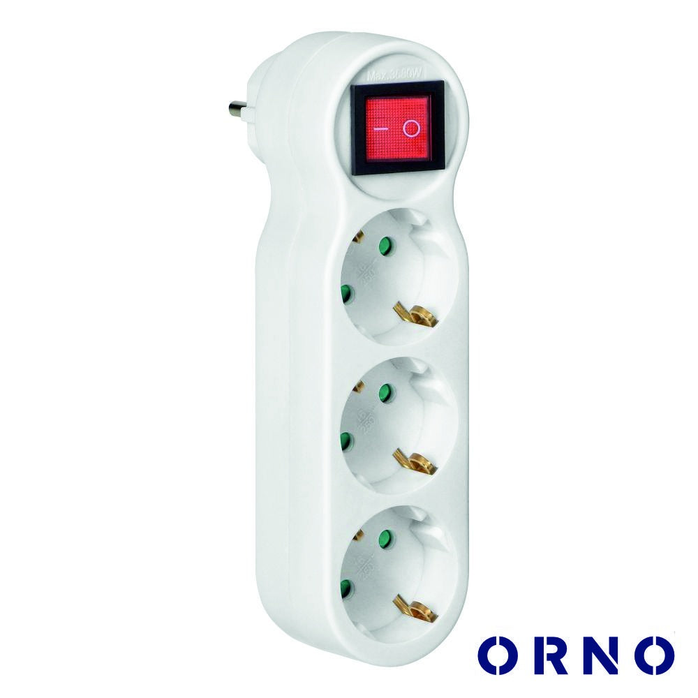 Ficha Elétrica Adaptadora 3X Schuko C/ Interruptor Orno - Tauu.pt