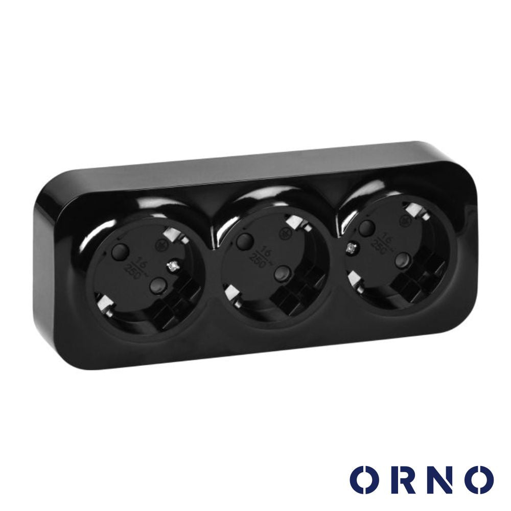 Tomada Elétrica Superfície 3X Schuko Preta Orno - Tauu,pt