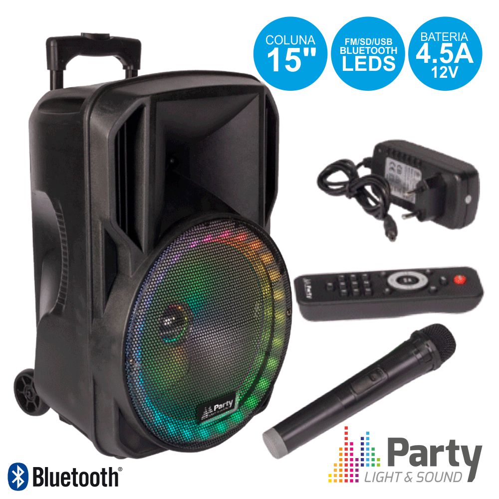 Coluna Amplificada 15" Usb/Fm/Bt/Sd/Bat Vhf Preta 800W Party - Tauu.pt