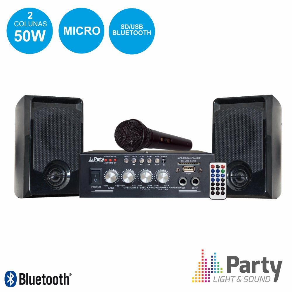 Conjunto Karaoke Amplificador 2X50W 2 Colunas Mic Bt Party - Tauu,pt