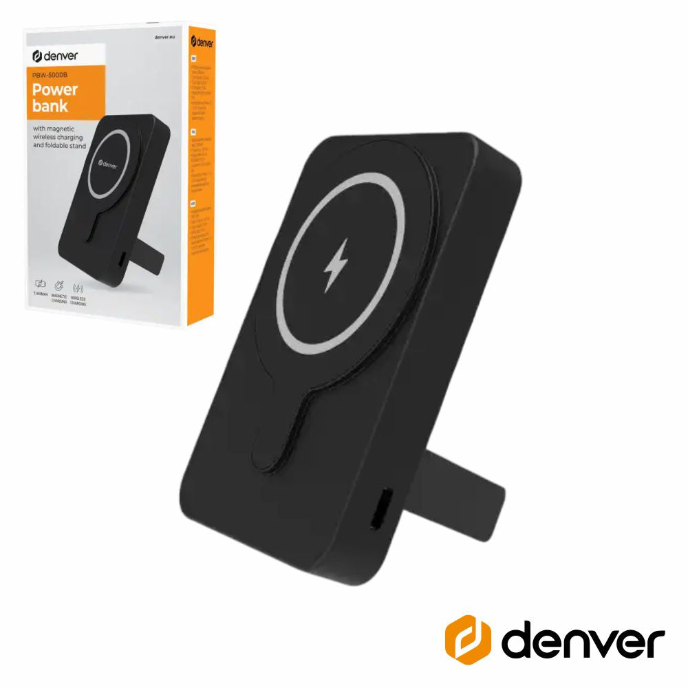 Powebank 5000Mah S/Fios C/Suporte Dobrável Preto Denver - Tauu.pt