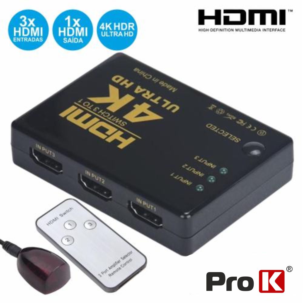 Distribuidor Hdmi Amplificado 3 Entradas 1 Saída Ir Prok - Tauu,pt
