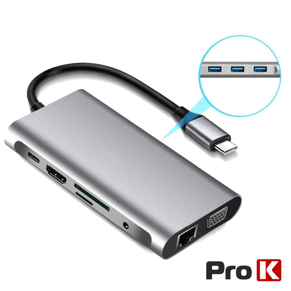 Hub Usb-C P/ Usb-C/ 3Xusb / Vga / Hdmi / Audio/ Rj45/Cartões - Tauu.pt