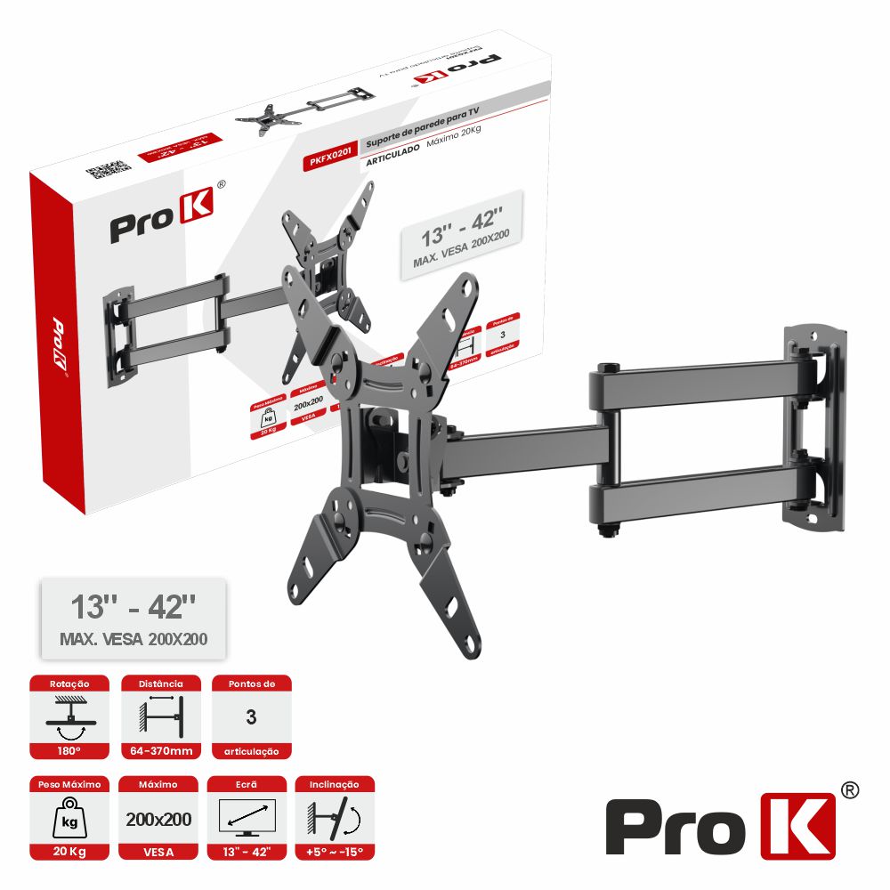 Suporte Tv Articulado 3 Pontos 13-42" 20Kg Vesa 200X200 Prok - Tauu.pt