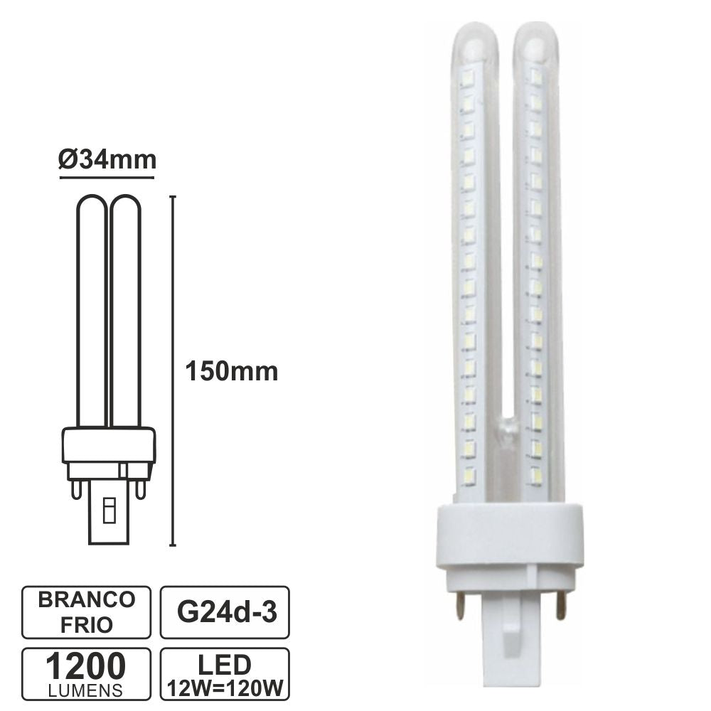Lâmpada G24 12W=120W 230V Led Branco Frio 1200Lm - Tauu,pt