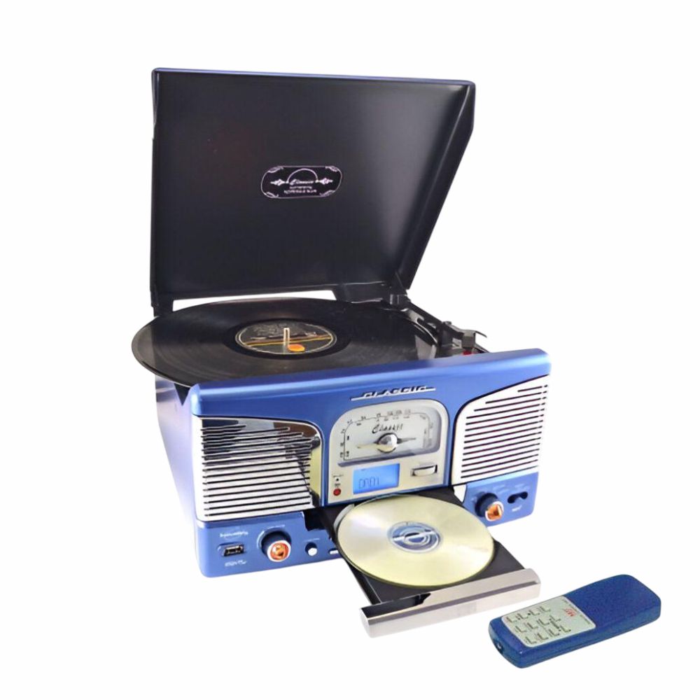 Gira-Discos 33/45/78Rpm Vintage Cd/Fm/Usb/Micro Sd Azul Uk - Tauu,pt