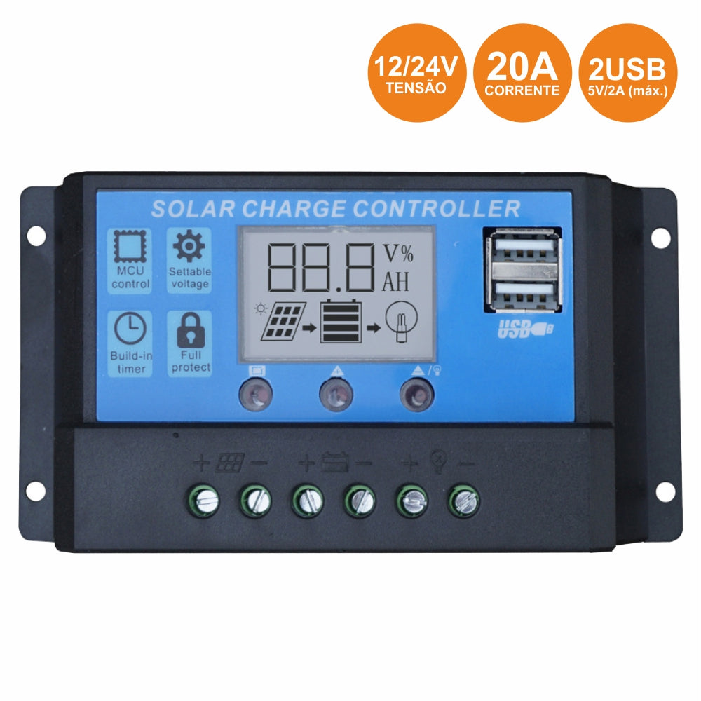 Regulador Painel Fotovoltáico 20A 12/24Vdc 2X Usb - Tauu,pt