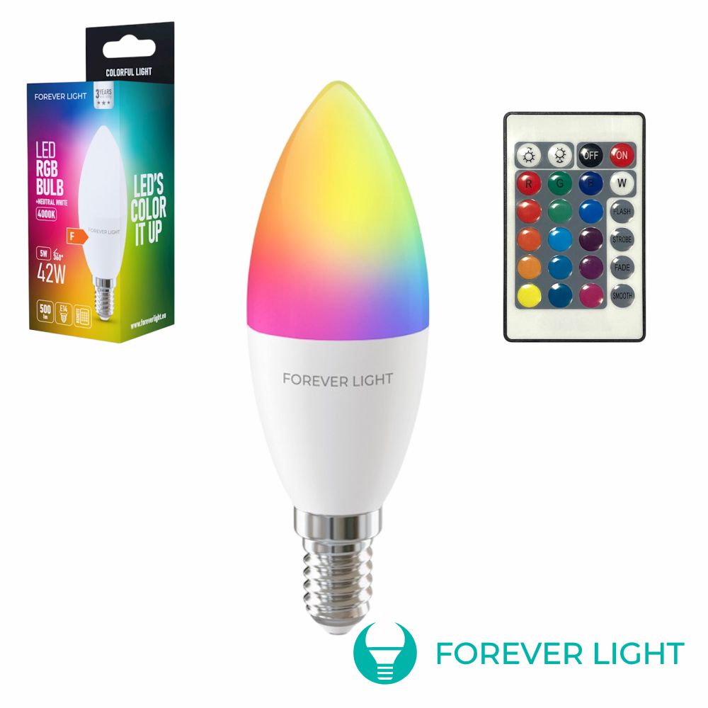 Lâmpada E14 C37 5W Vela Rgb 4000K 500Lm C/ Comando Forever - Tauu,pt