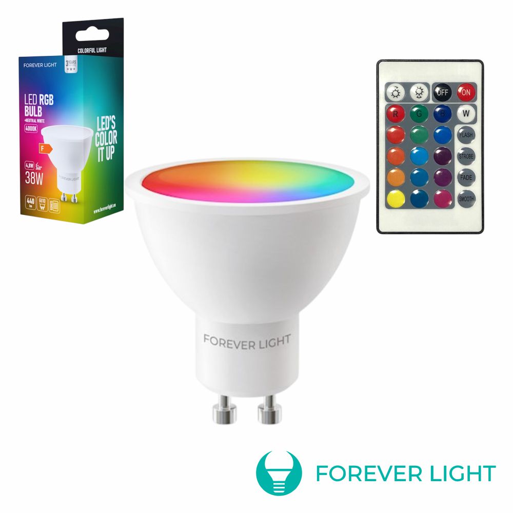 Lâmpada Gu10 Led 4,8W Rgb 4000K 400Lm C/Comando Forever - Tauu.pt