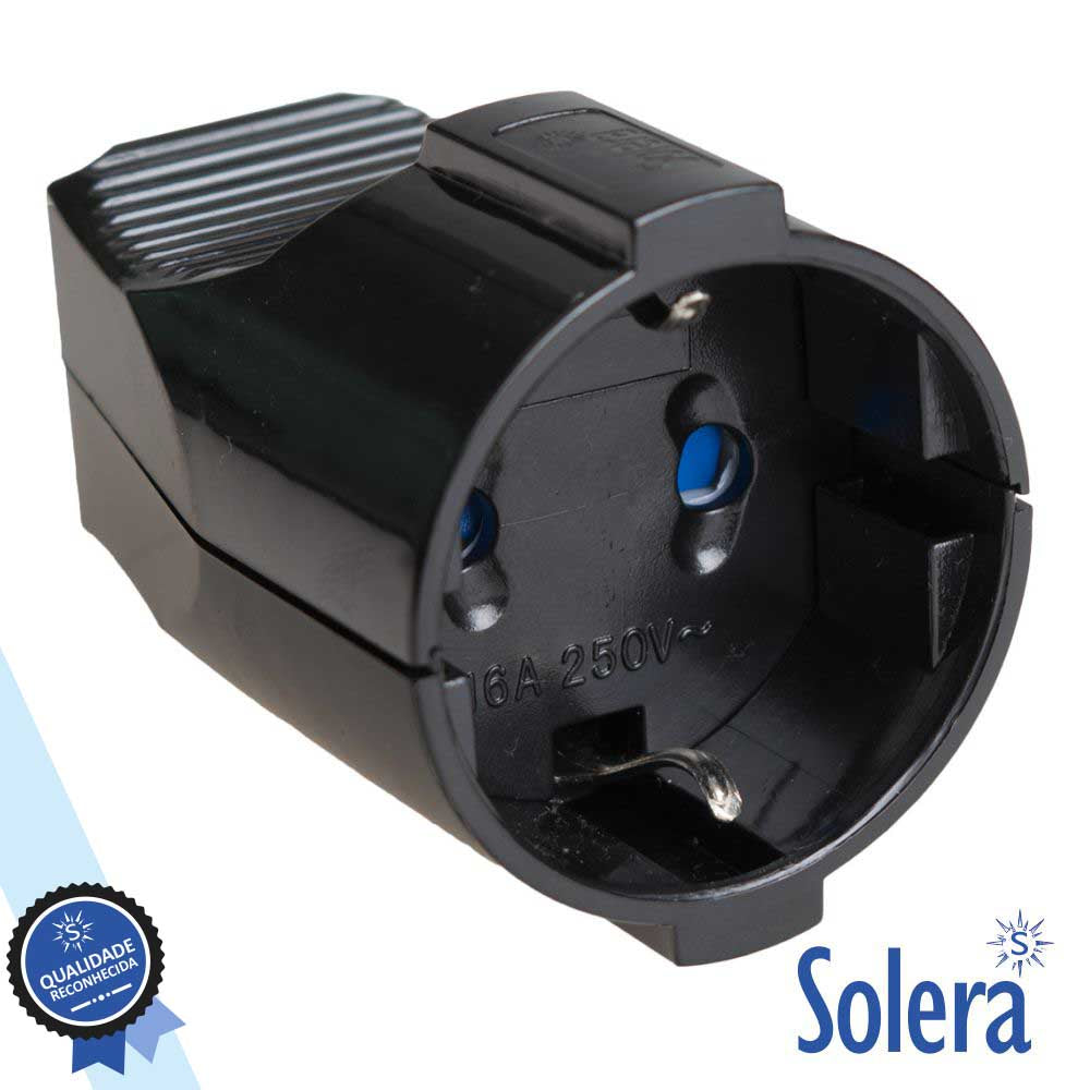 Ficha Schuko Fêmea C/ Terra 220V Preta Solera - Tauu,pt