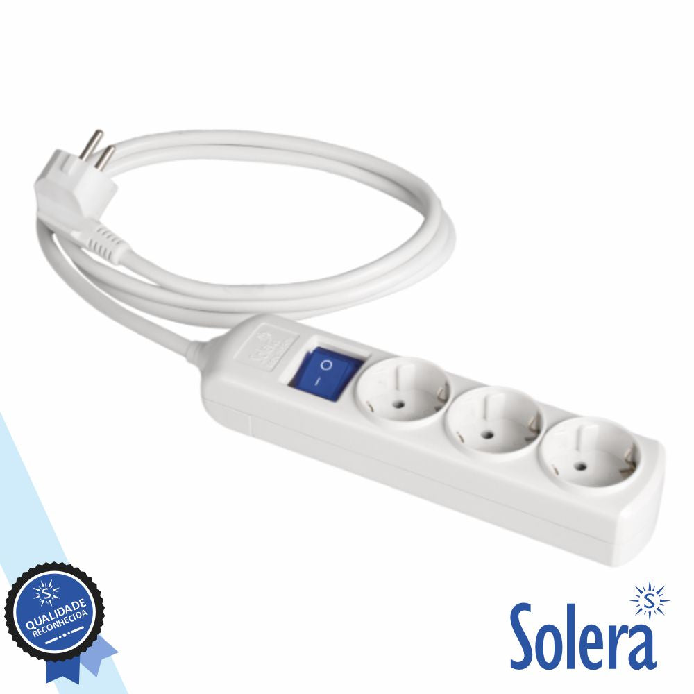 Tomada Elétrica C/ 3 Saídas Interruptor 1.5M Branco Solera - Tauu.pt