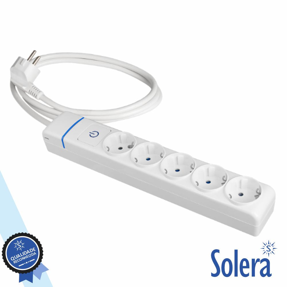 Tomada Elétrica C/ 5 Saídas Interruptor 1.5M Branco Solera - Tauu.pt