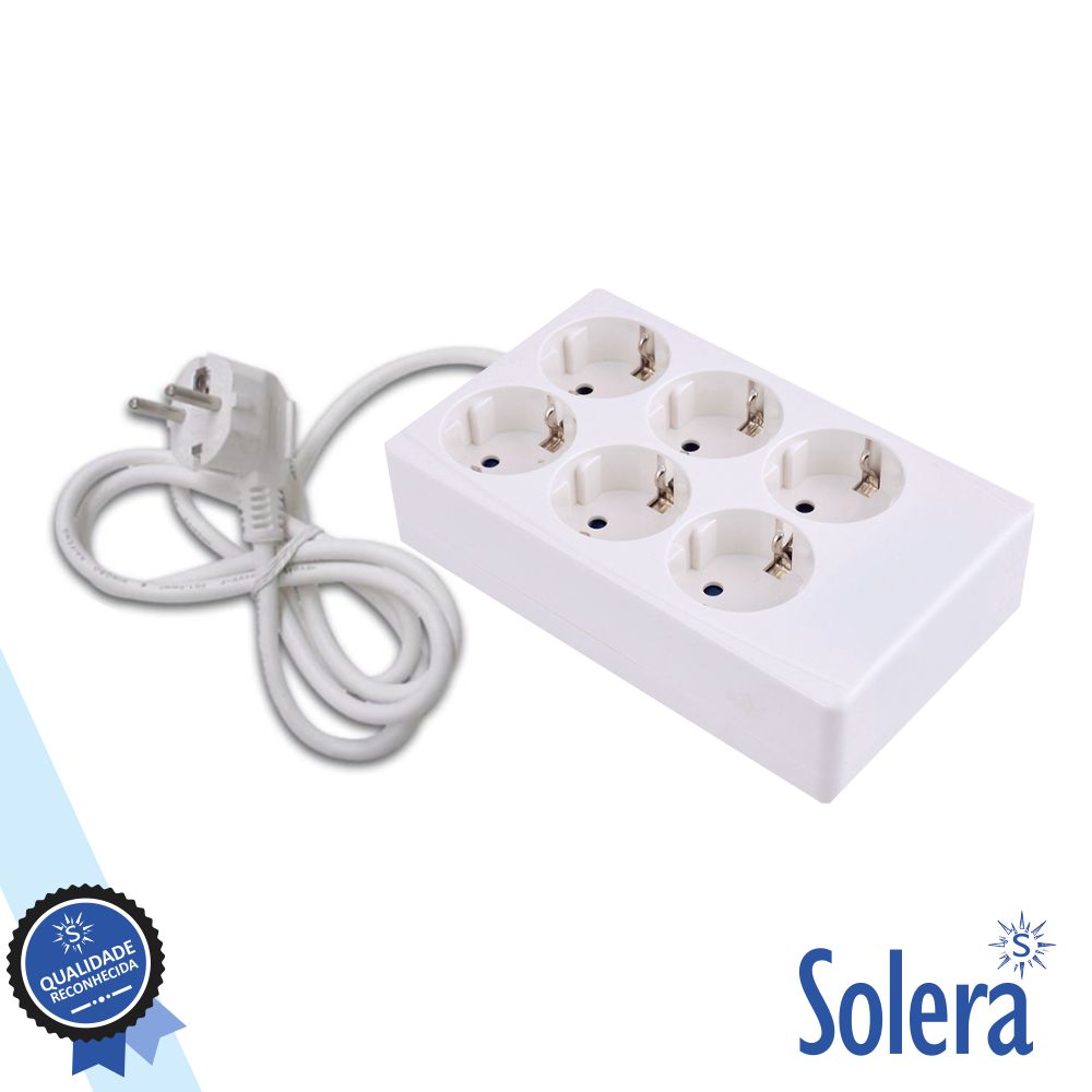 Tomada Elétrica C/ 6 Saídas Quadrada 1.5M Branco Solera - Tauu.pt