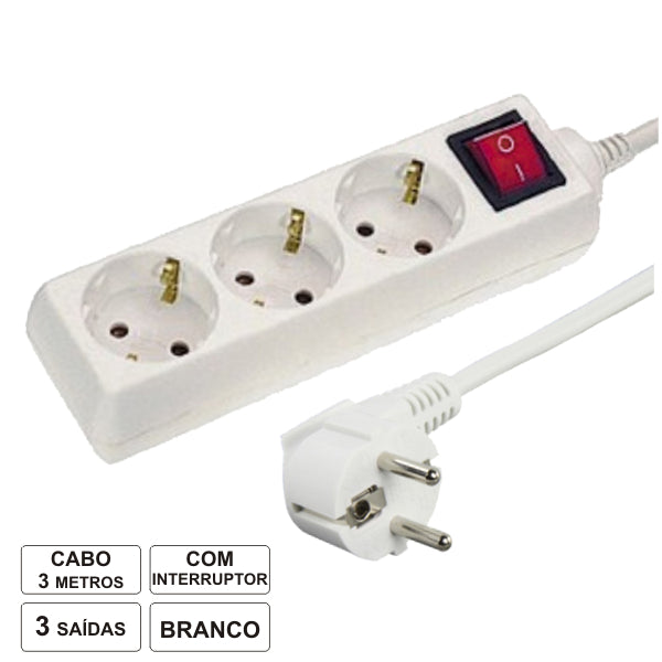 Tomada Elétrica C/ 3 Saídas Interruptor 3M - Tauu.pt