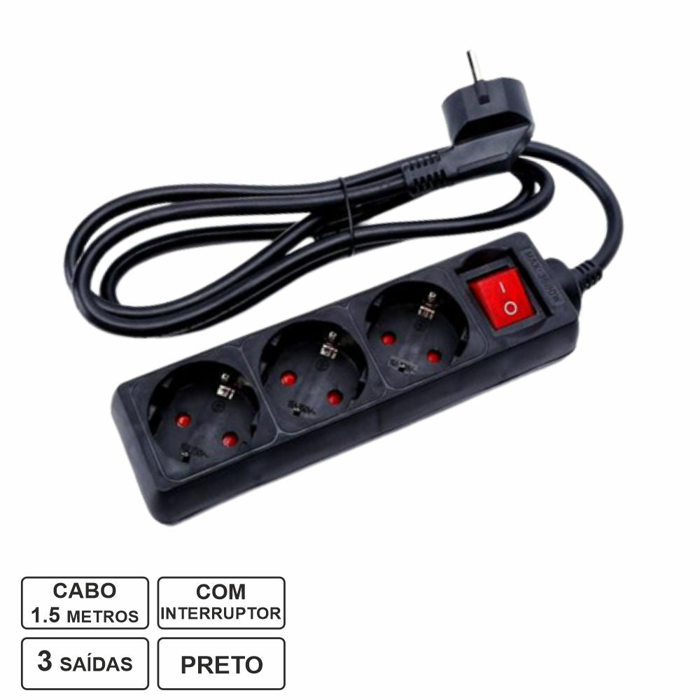 Tomada Elétrica C/ 3 Saídas Interruptor 1.5M Preto - Tauu.pt
