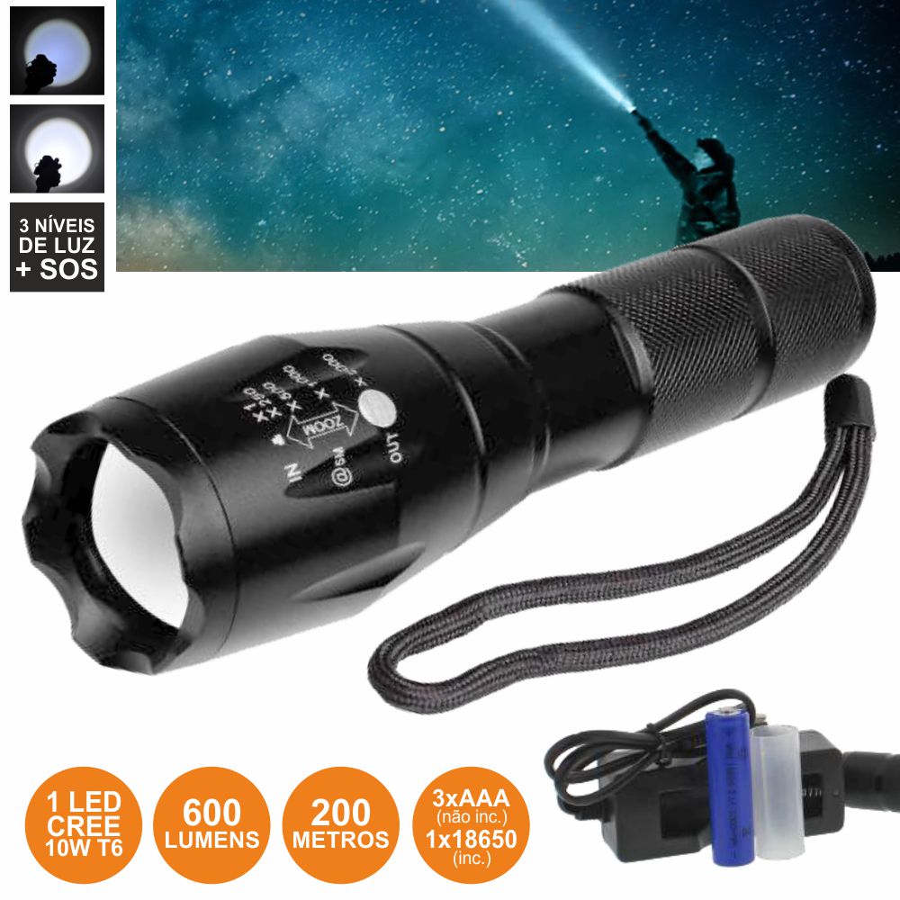 Lanterna C/ 1 Led Xpe 10W 5 Níveis Luz Zoom 600Lm Well - Tauu.pt