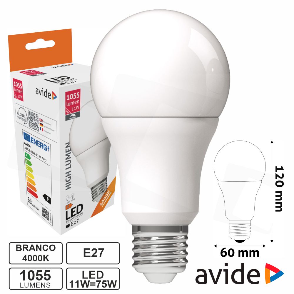 Lâmpada Led E27 Globo A60 11W 230V 4000K 1055Lm Avide - Tauu,pt