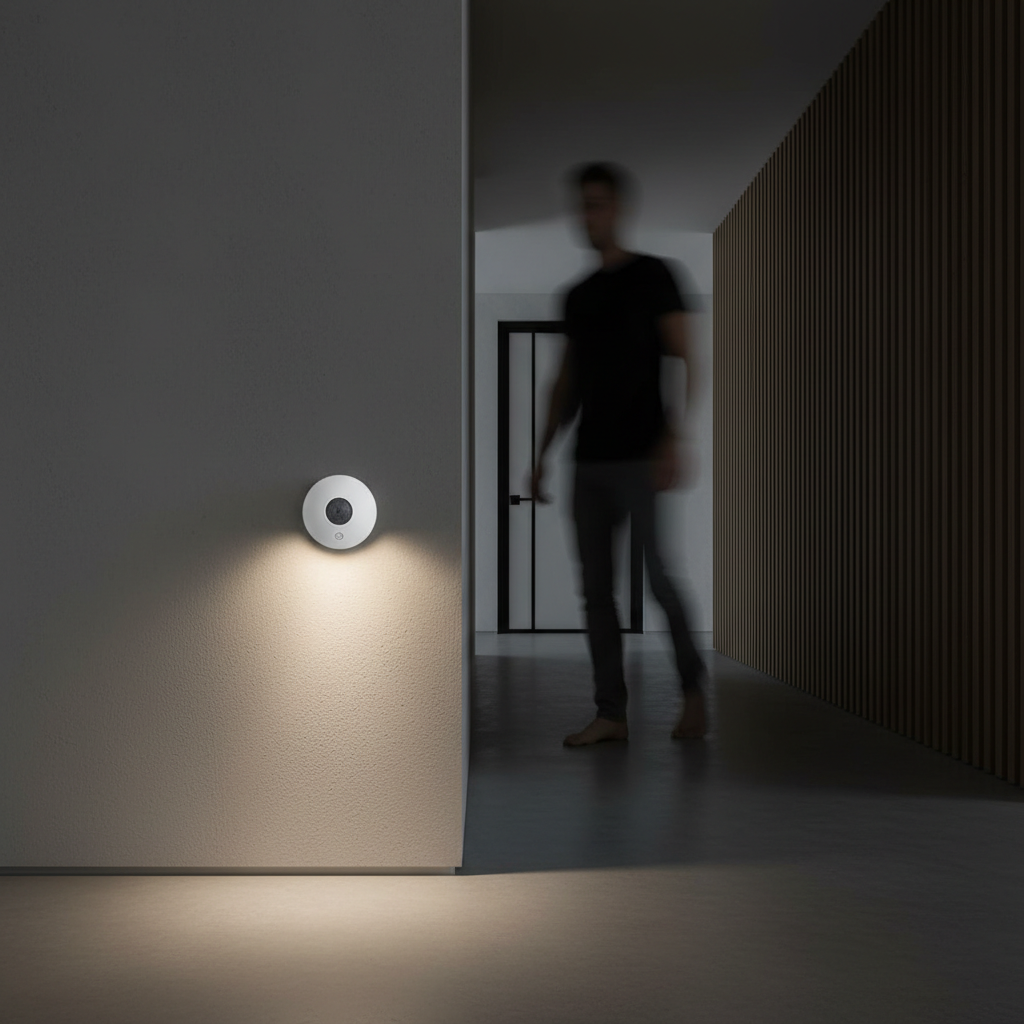 Sensor de presença LED PIR a iluminar corredor de casa à noite automaticamente
