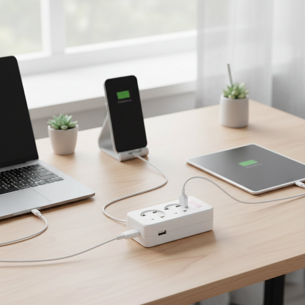 Tomada com 4 saídas Schuko e 2 portas USB numa secretária moderna