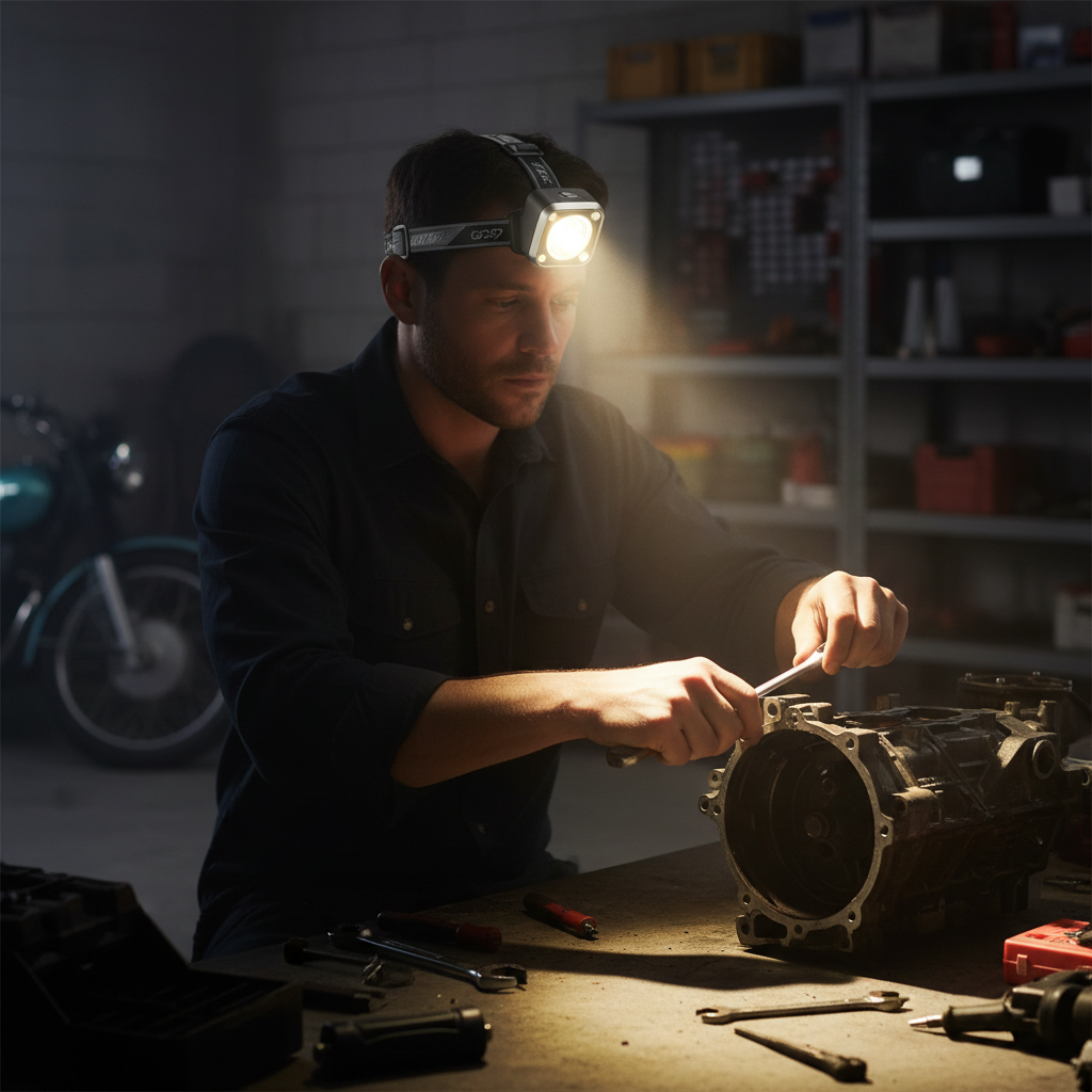 Lanterna de cabeça recarregável em uso numa garagem