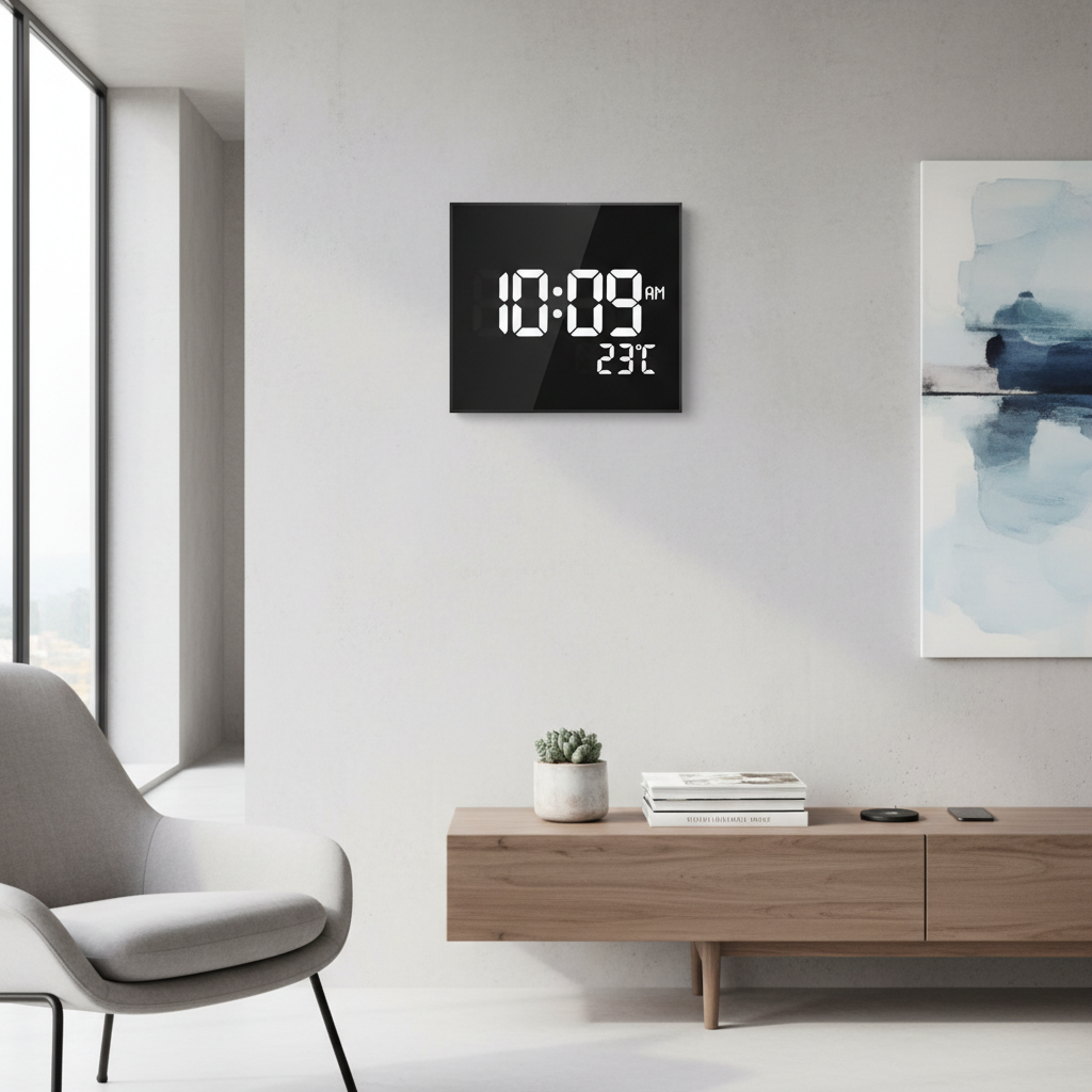 Relógio LED de parede minimalista numa sala de estar moderna